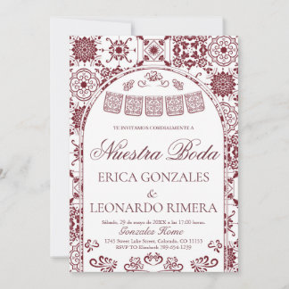 Burgundy Talavera Papel Picado Spanish Wedding Invitation