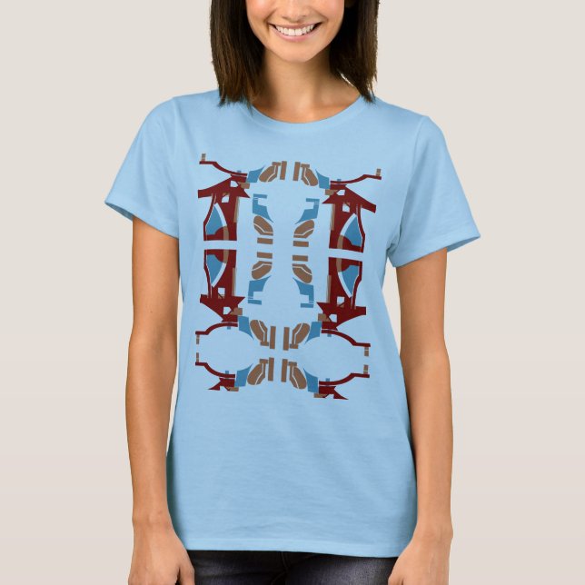 Burgundy Tan Blue Abstract Mediterranean-inspired T-Shirt (Front)