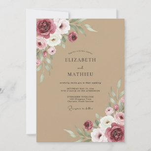 Burgundy Tan Watercolor Wedding Invitation
