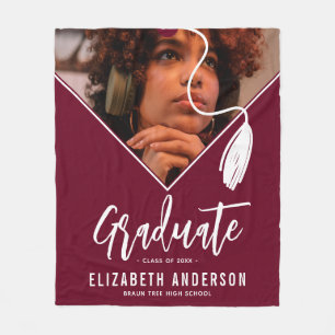 Burgundy Tassel Cap Photo Graduation Fleece Blanket