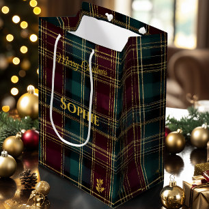 Burgundy, Teal, and Gold Plaid Christmas Custom Medium Gift Bag