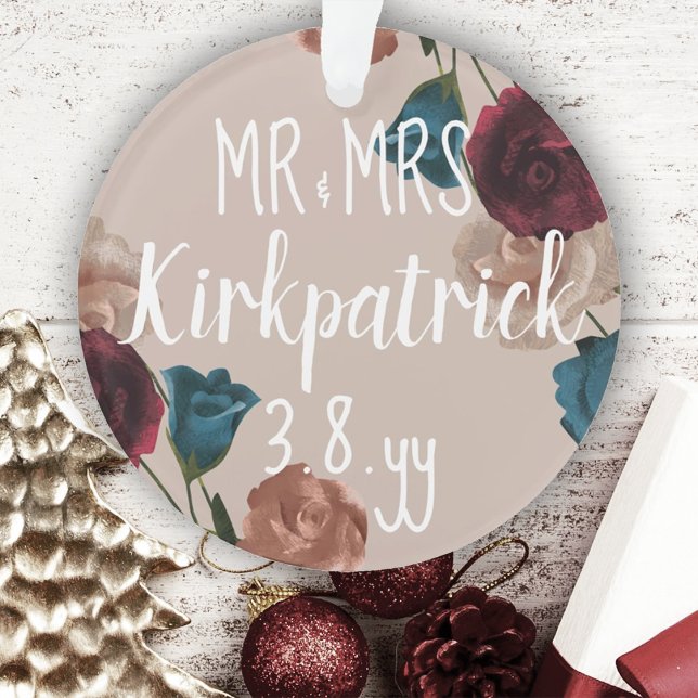 Burgundy, Teal, Beige Wedding Roses Christmas Gift Ornament (Newlywed Tree Ornament, Beige, Teal Green Burgundy Roses, First Christmas Gift)