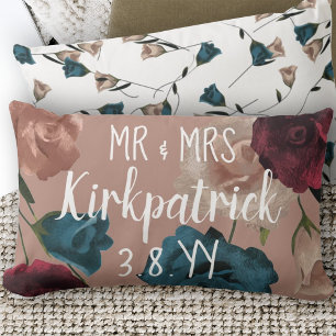 Burgundy, Teal, Beige Wedding Roses Newlywed Lumbar Cushion
