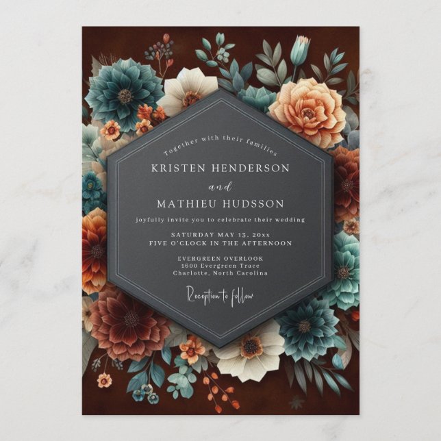 Burgundy Teal Dutch Bloom Wedding Invitation (Front)