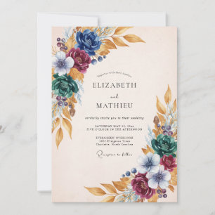 Burgundy Teal Floral Autumn Wedding Invitation