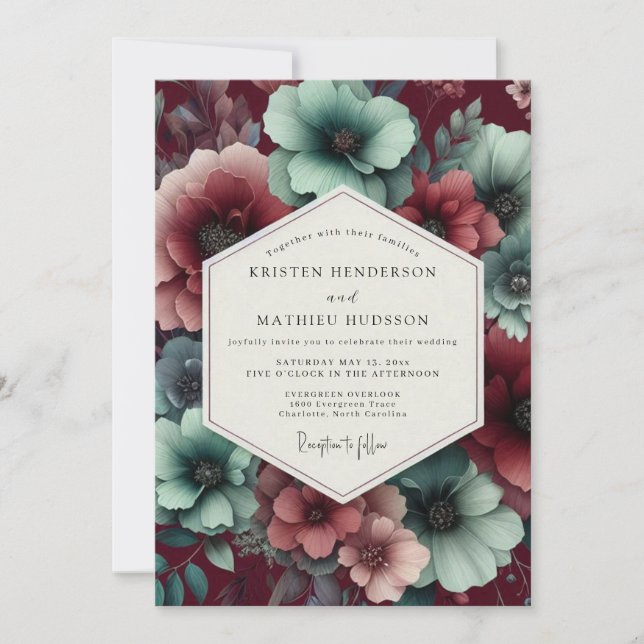 Burgundy Teal Floral Moody Wedding Invitation (Front)