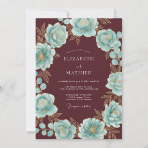 Burgundy Teal Floral Wreath Wedding Invitation