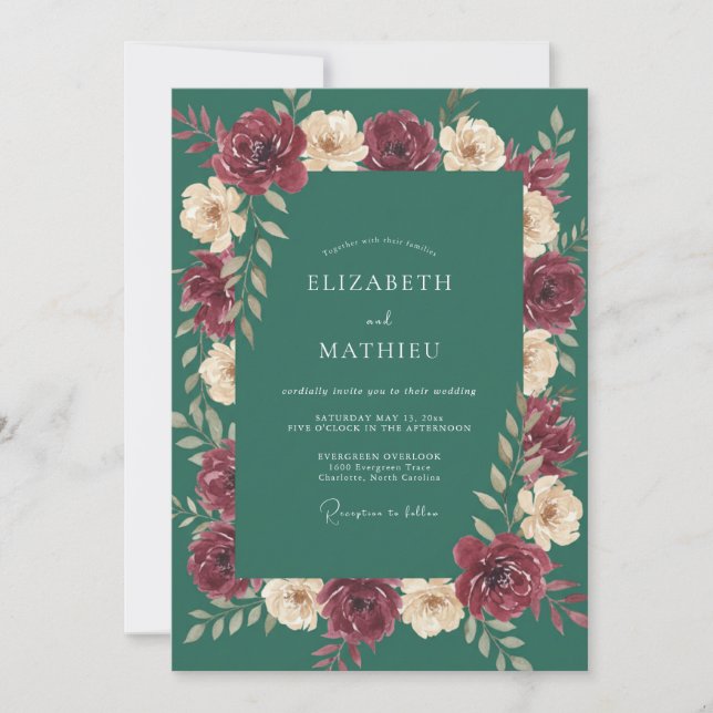 Burgundy Teal Ranunculus Soft Eucalyptus Wedding Invitation (Front)