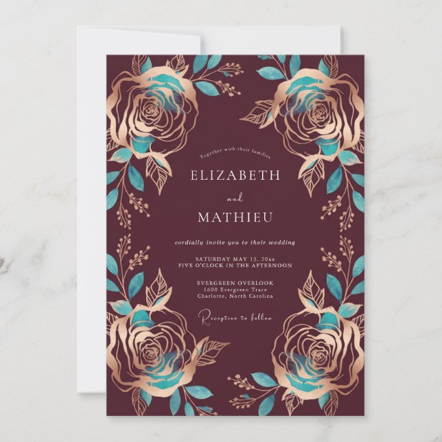 Burgundy Teal Rose Wedding Invitation (Front)