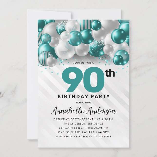 Burgundy Teal Silver Balloon Glitter 90th Birthday Invitation (Front)