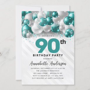Burgundy Teal Silver Balloon Glitter 90th Birthday Invitation