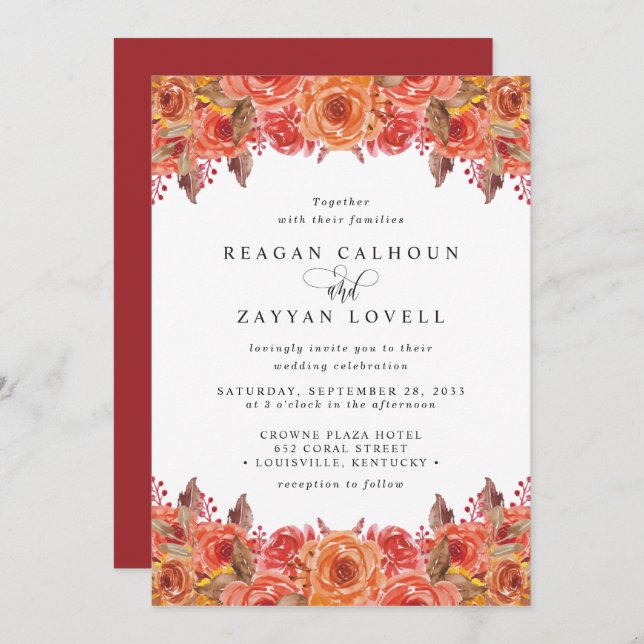 Burgundy Terracotta Fall Floral Wedding Invitation (Front/Back)