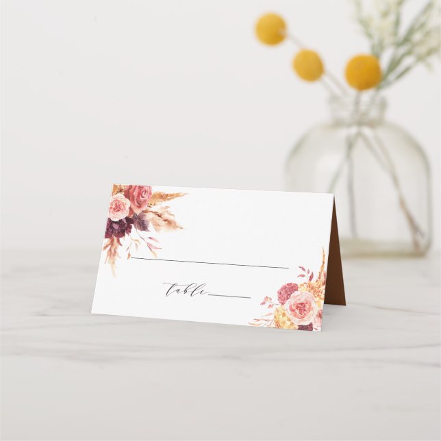 Burgundy Terracotta Floral Wedding Personalised Place Card (Front)