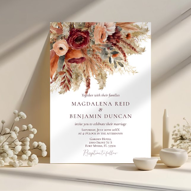 Burgundy Terracotta Florals Pampas Fall Wedding Invitation (Creator Uploaded)