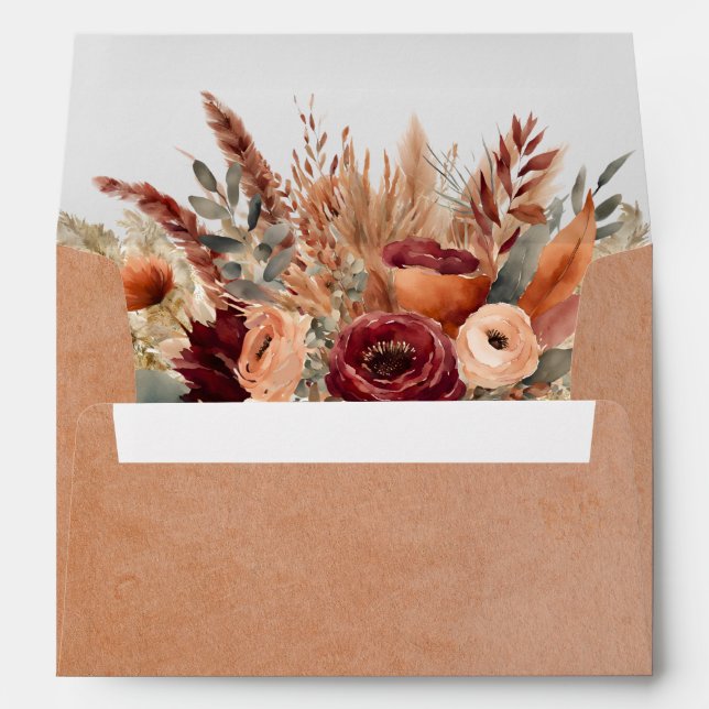 Burgundy Terracotta Florals Pampas Grass Wedding Envelope (Back (Bottom))