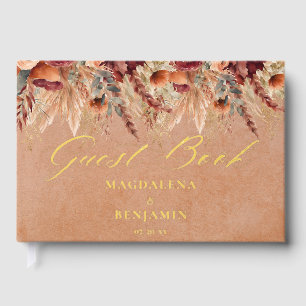 Burgundy Terracotta Florals Pampas Grass Wedding Guest Book