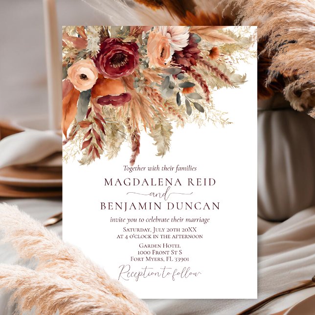 Burgundy Terracotta Florals Pampas Grass Wedding Invitation (Creator Uploaded)