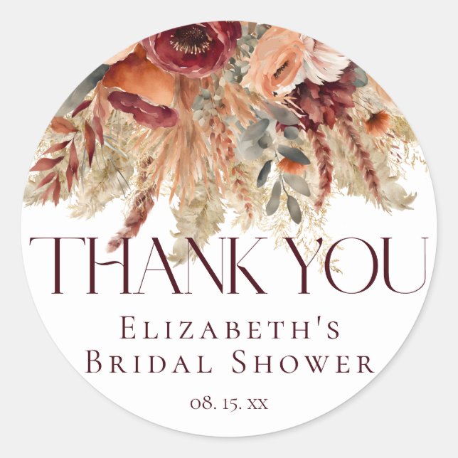 Burgundy Terracotta Gold Florals Pampas Thank You Classic Round Sticker (Front)