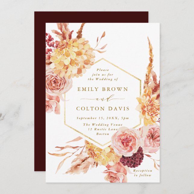 Burgundy Terracotta Gold Script Floral Wedding Invitation (Front/Back)