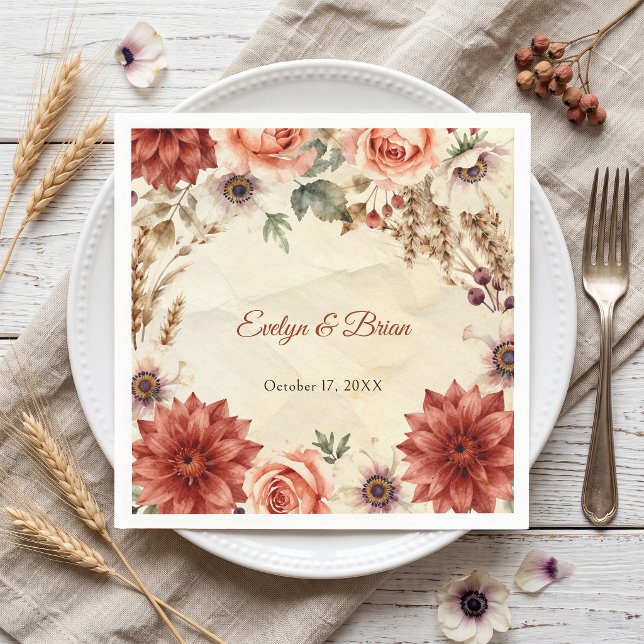 Burgundy Terracotta Rust Floral Boho Fall Wedding Napkin (Creator Uploaded)