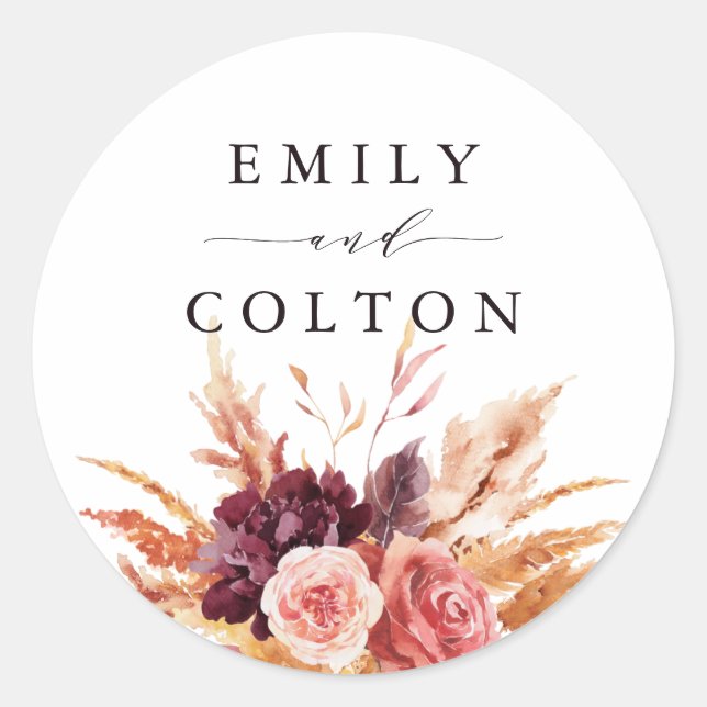 Burgundy Terracotta Watercolor Floral Wedding Classic Round Sticker (Front)