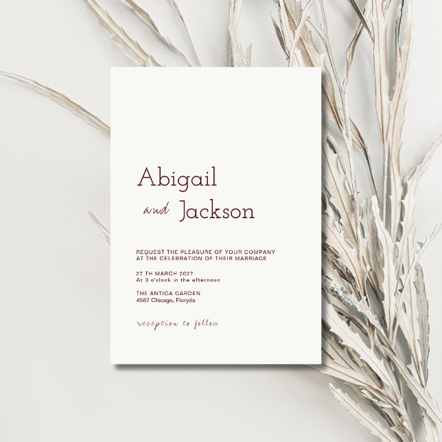 Burgundy Text Minimalist Clean Modern Wedding Invitation (Creator Uploaded)