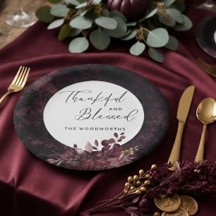 Burgundy Thanksgiving Thankful & Blessed Paper Plate