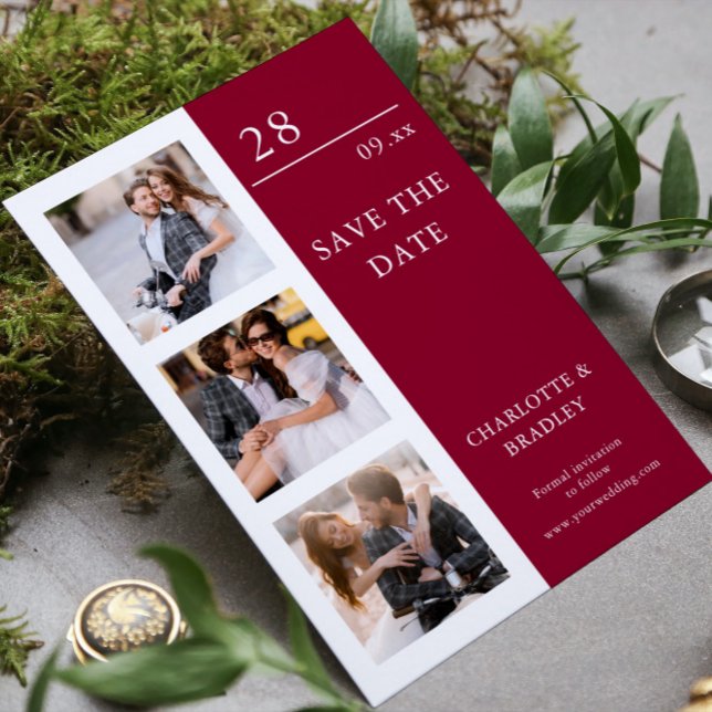 Burgundy Three Photo Modern Wedding Save The Date (Creator Uploaded)