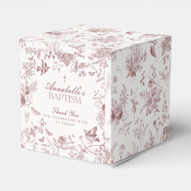 Burgundy Toile De Jouy Floral Baptism Favour Boxes (Back Side)