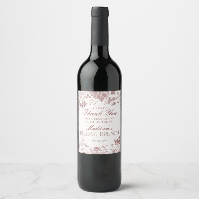 Burgundy Toile De Jouy Floral Bridal Brunch Favour Wine Label (Front)