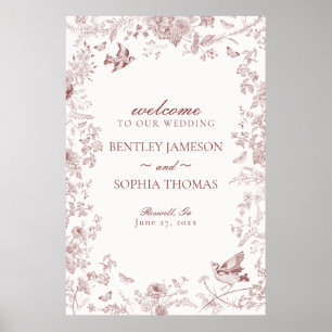 Burgundy Toile De Jouy Floral Wedding Welcome Sign
