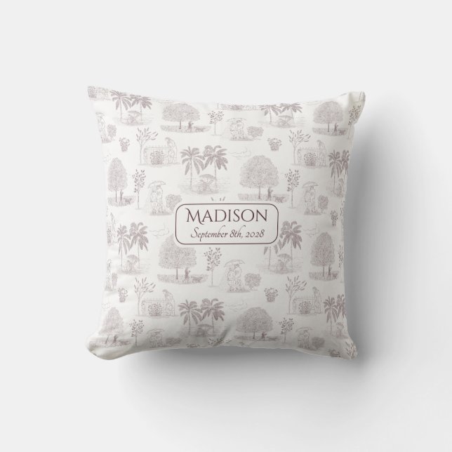 Burgundy Toile de Jouy Name Birth Date Baby Cushion (Front)