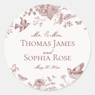 Burgundy Toile De Jouy Vintage Floral Wedding Classic Round Sticker