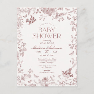 Burgundy Toile French Floral Baby Shower Postcard