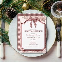 Burgundy Toile Gingham Christmas Brunch Invitation