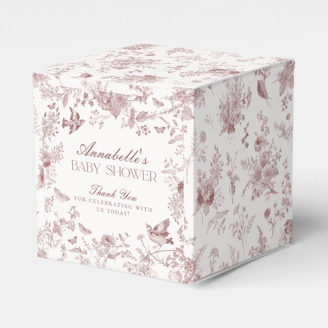 Burgundy Toile Jouy Floral Baby Shower Favour Boxe Favour Box (Front Side)