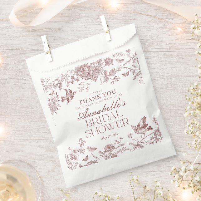 Burgundy Toile Jouy Floral Bridal Shower Dessert Favour Bags (Clipped)