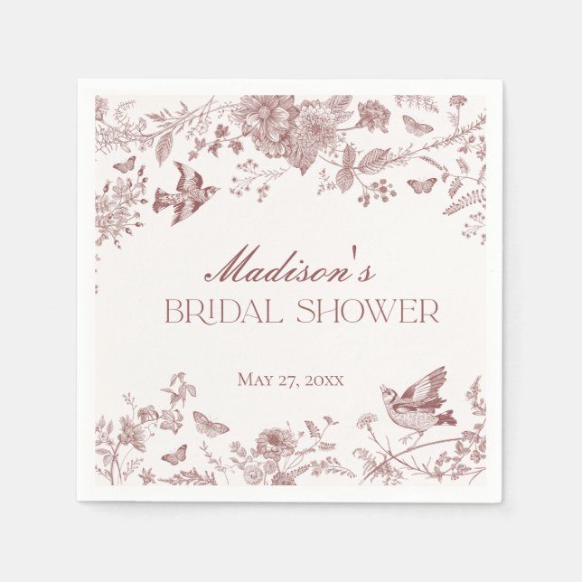 Burgundy Toile Jouy Vintage Floral Bridal Shower Napkin (Front)