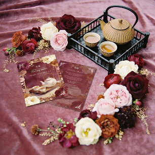 Burgundy Traditional Floral Chinese Tea Ceremony Invitation