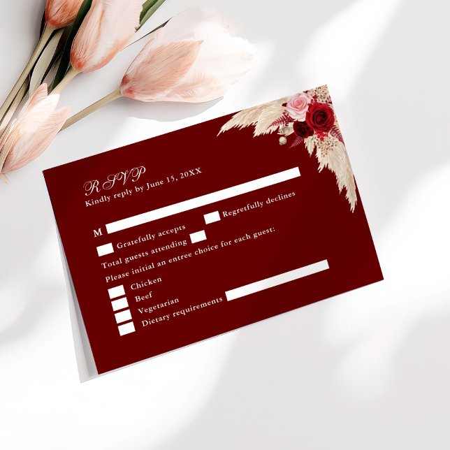 Burgundy Tropical Roses Wedding RSVP Card (Burgundy Tropical Roses Wedding RSVP Card on a sunny table with pale pink flowers.)
