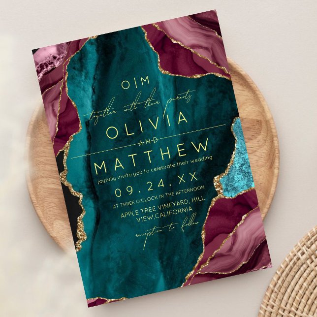  Burgundy, Turquoise & Gold Agat Wedding Photo Invitation (Creator Uploaded)