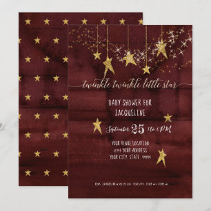 Burgundy Twinkle Little Star Gold Girl Baby Shower Invitation