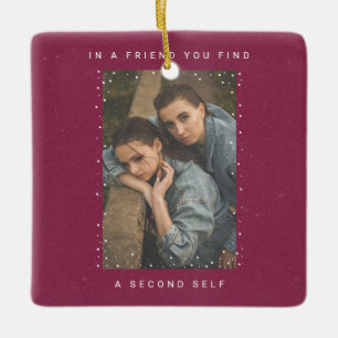 Burgundy Two Photo Snowfall Best Friends Photo Ceramic Ornament