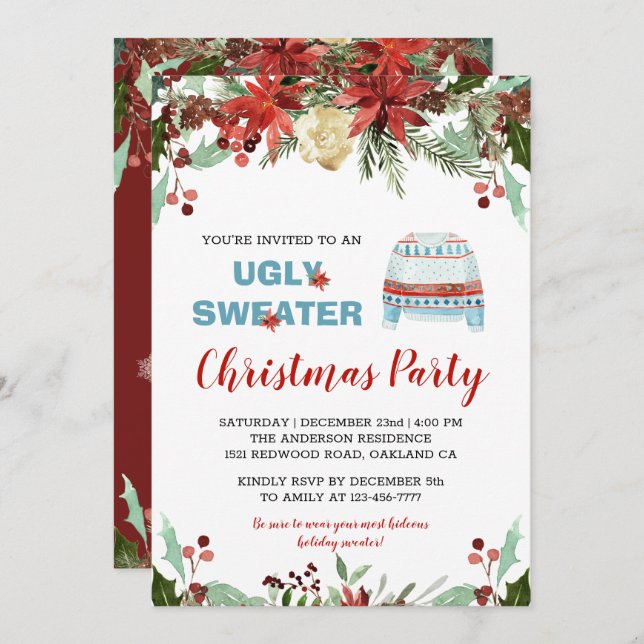  Burgundy Ugly Sweater Christmas Invitation (Front/Back)