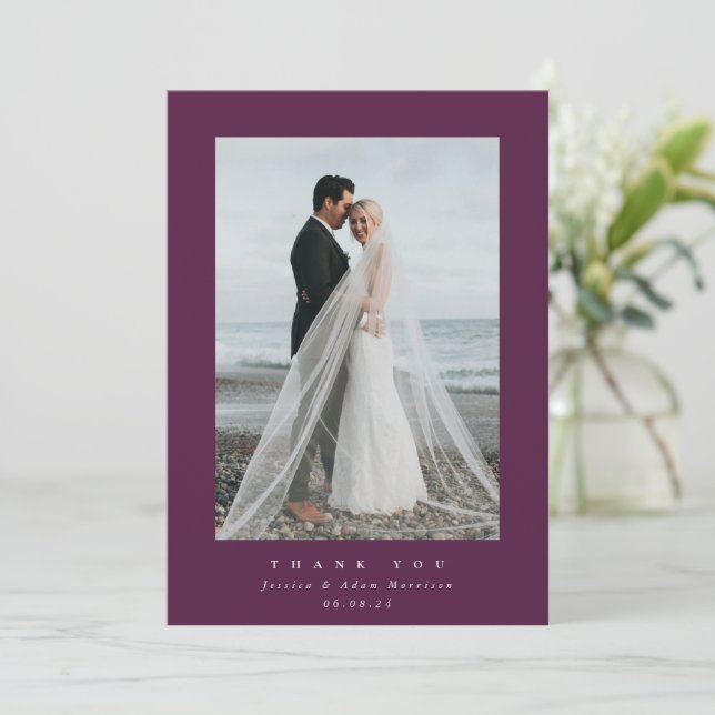 Burgundy Ultra Minimal Single Photo Wedding Thank You Card (Standing Front)