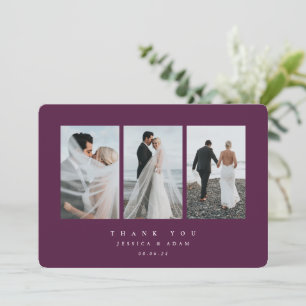 Burgundy Ultra Minimal Triple Photo Wedding Flat Thank You Card