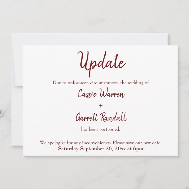 Burgundy "Update" Postponed Wedding Card (Front)