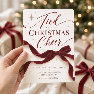 Burgundy Velvet Bow Christmas Holiday Party Invitation