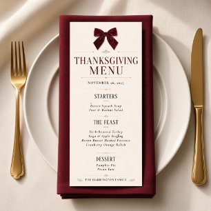 Burgundy Velvet Bow Thanksgiving Dinner Menu