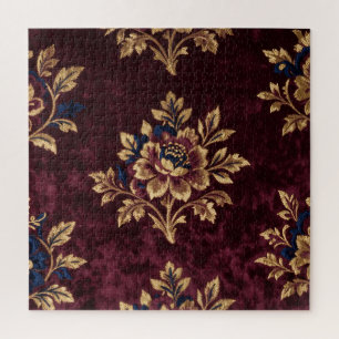 Burgundy Velvet Peony Gold Embroidery Floral Jigsaw Puzzle